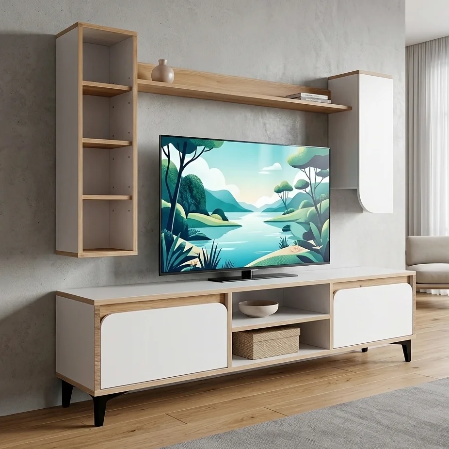 U1 Duvar Raflı Tv Ünitesi Kitaplıklı Tv Sehpası Duvara Monte