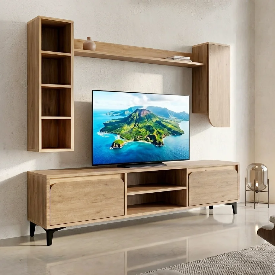 U2 Duvar Raflı Tv Ünitesi Kitaplıklı Tv Sehpası Duvara Monte