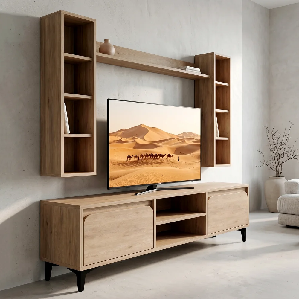 U6 Duvar Raflı Tv Ünitesi Kitaplıklı Tv Sehpası Duvara Monte
